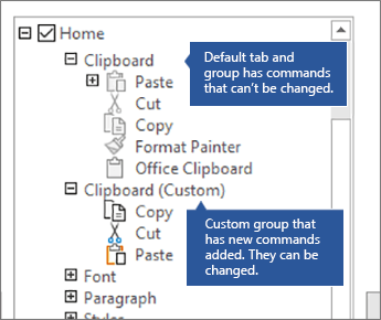 Example showing default and custom groups