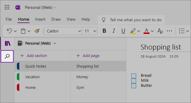 View of the OneNote web UI showing the content area