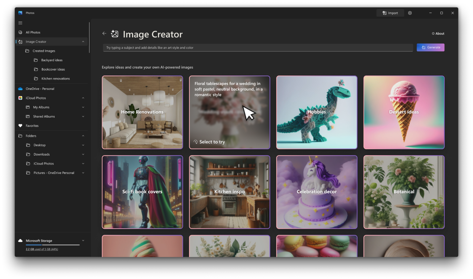 Screenshot of Image Creator in the Windows Photos app.