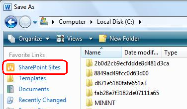 SharePoint sites link in the Save As dialog box