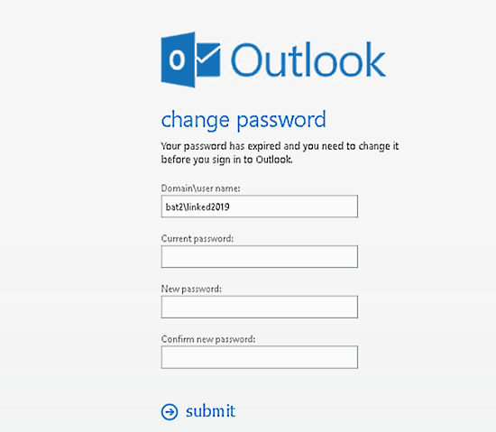 Screenshot of Outlook on the web change password window after a login attempt.