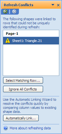 Refresh conflicts window listing shapes that cannot be linked because of a problem with the unique identifier.