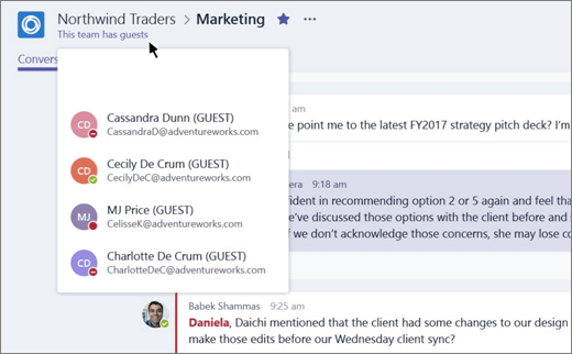 Screenshot shows a portion of the Marketing channel for Northwind Traders, with the notification in the top banner stating "This team has guests" and users who are guests identified with the word "GUEST" next to their name.