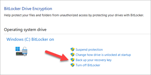 The Manage BitLocker Encryption app with an arrow pointing at the option to back up your BitLocker recovery key.