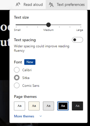 Immersive Reader textual preferences options in Word