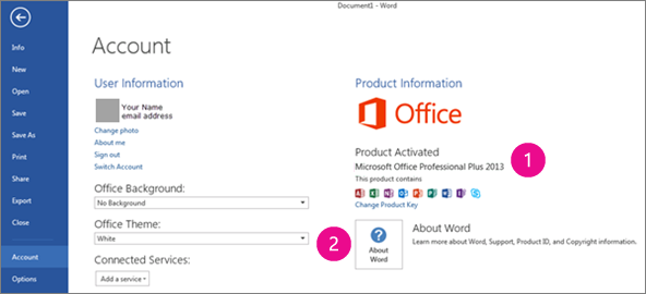 File > Account in Word 2013