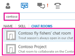 Screenshot of Lync main window chatrooms view showing find room search results