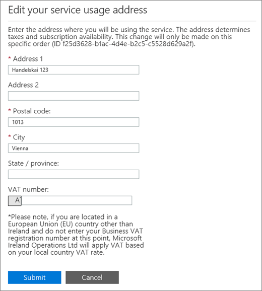 The Edit your service usage address page with the VAT number box at the bottom.