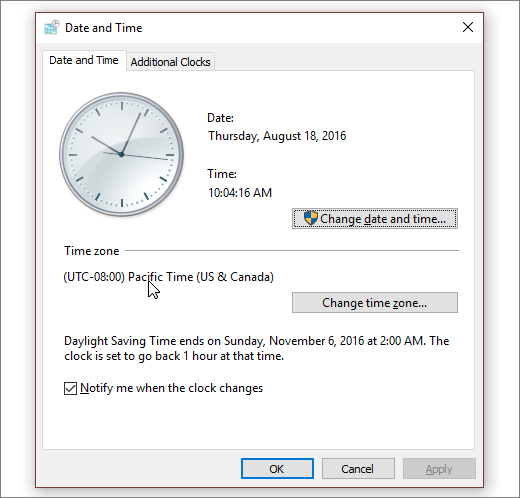 A screenshot showing the Date and Time menu in Windows 10.