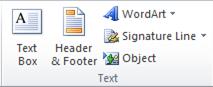 The Text group on the Insert tab in the Excel 2010 ribbon.