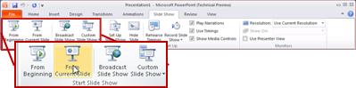 The Slide Show tab, in PowerPoint 2010, looking at the Start Slide Show group.