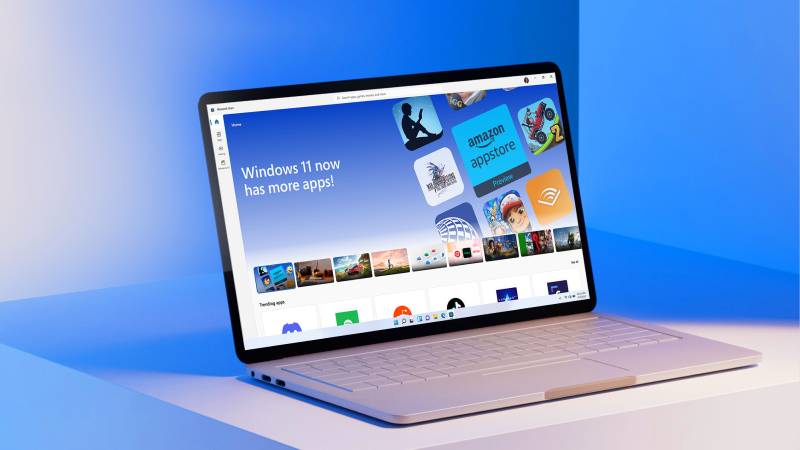 An image of a PC with the Microsoft Store app open. The featured app is the Amazon Appstore.