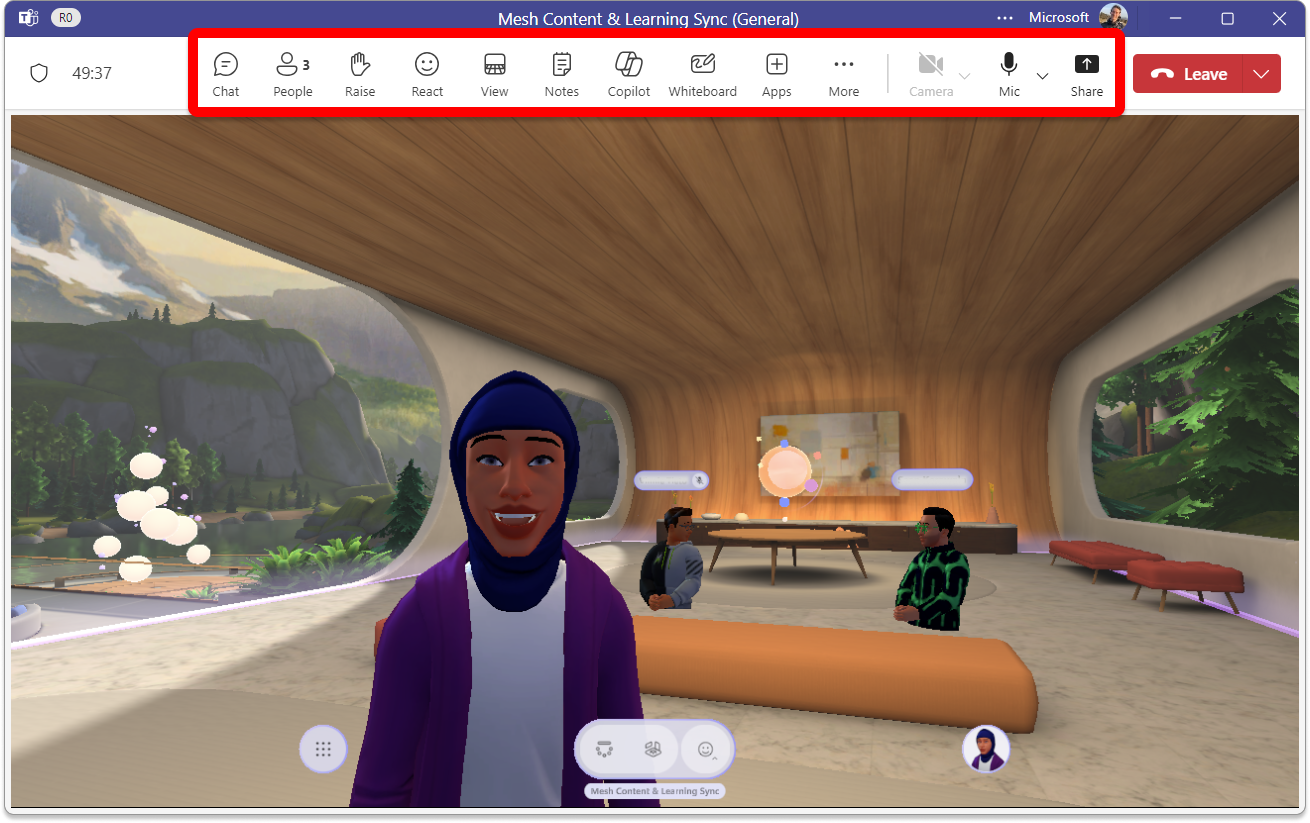 Screenshot of immersive spaces showing the Teams meeting controls highlighted in red.