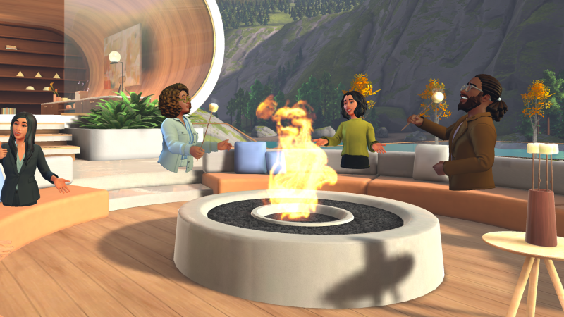 An immersive spaces scene with people around a campfire