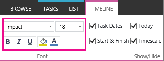 Task timeline ribbon showing fonts settings
