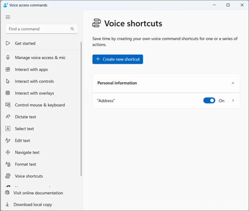 Voice shortcuts page showing the customized groups for your shortcuts. The "Address" shortcut is nested under the " Personal information" group.
