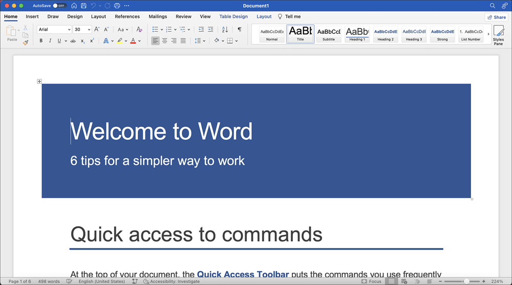 Word 2021 for Mac window with Take a Tour template opened