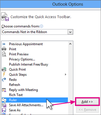 Selecting the Ruler icon to add to the Quick Access Toolbar