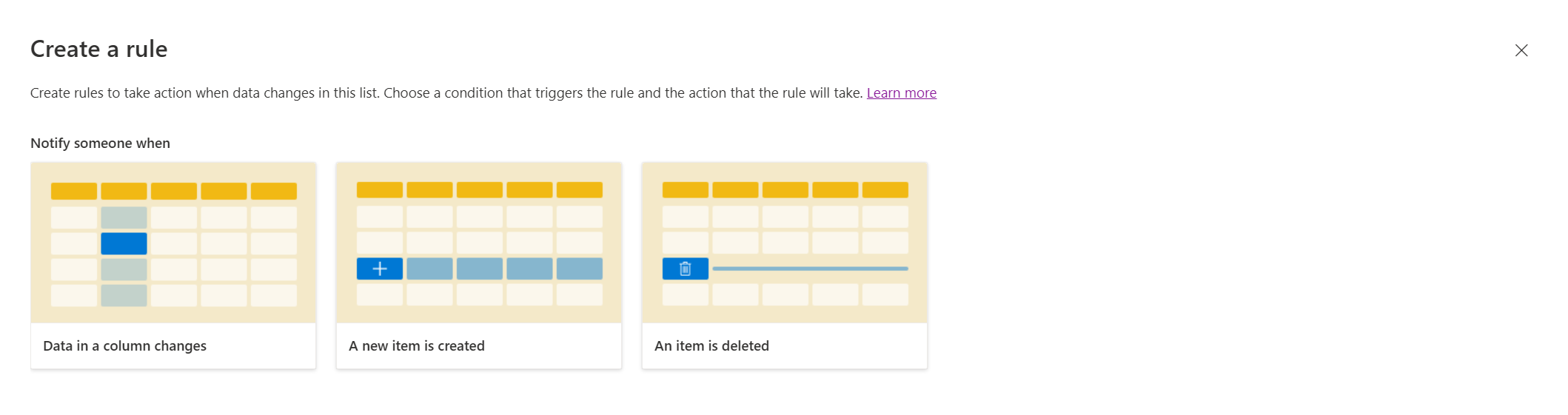 Dialog box to create a rule in SharePoint
