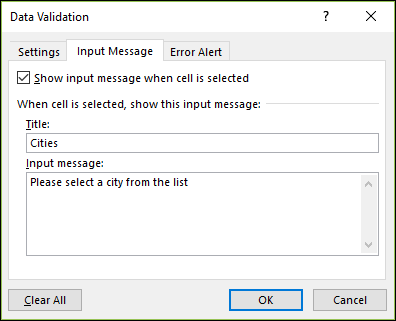 Data Validation Input Message option