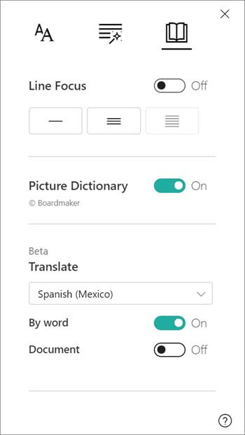 Translate options are found under the Picture Dictionary section.