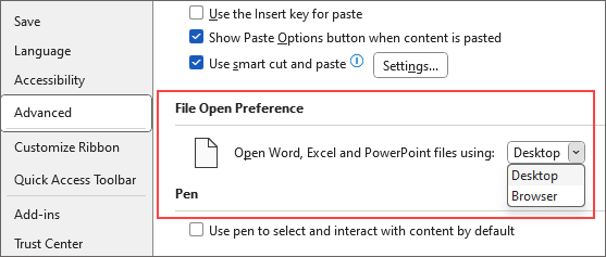 Image showing option to select either Desktop or Browswer from the dropdown menu as your file open preference.