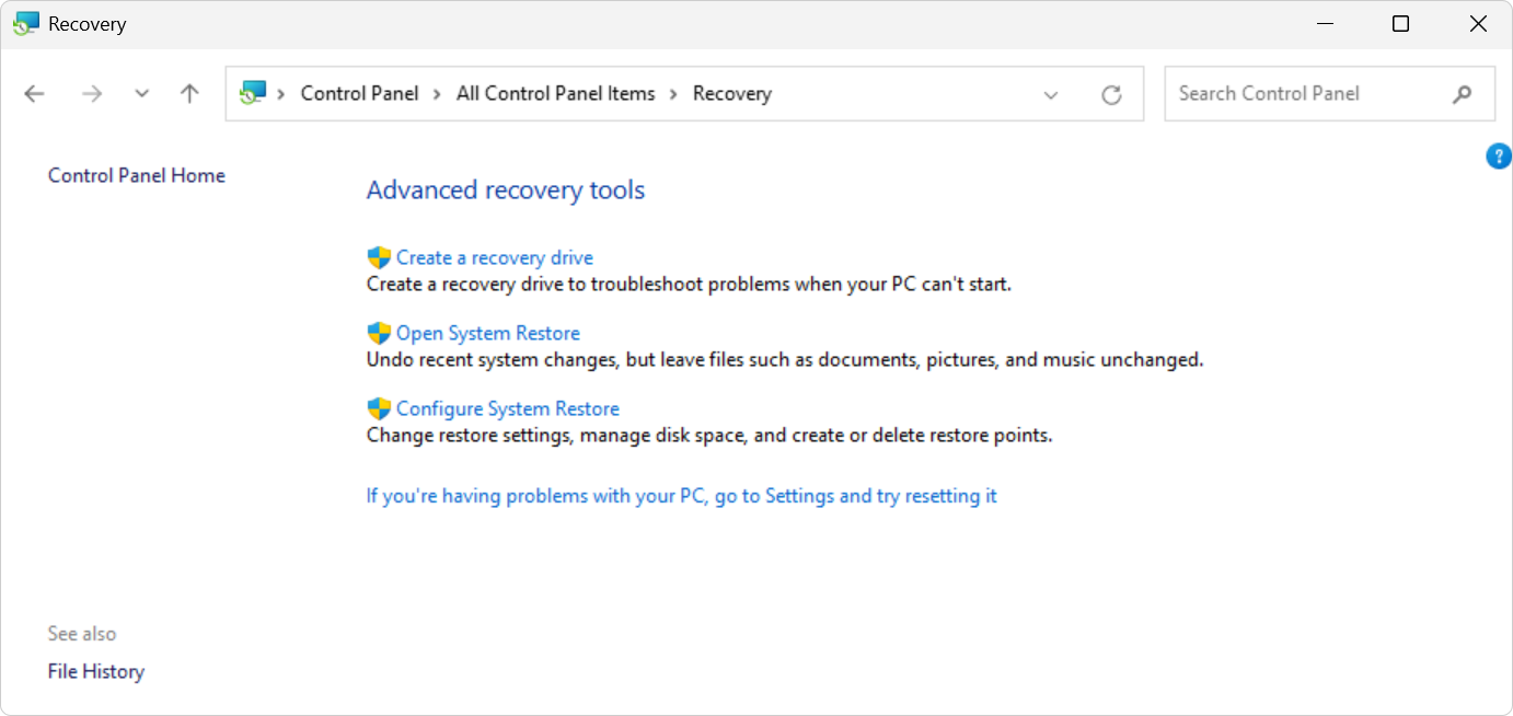 Screenshot of the recovery options in the Control Panel.