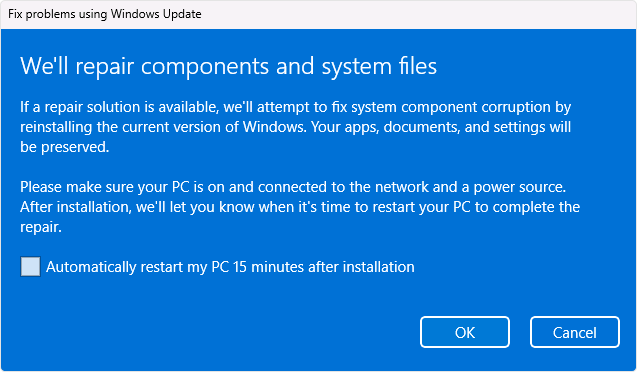 Screenshot of the Windows Update reinstall option.