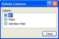 The Unhide Columns dialog box