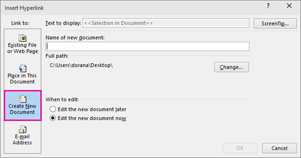 dialog box where you can link to a new document