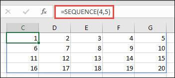 SEQUENCE-Funktionsbeispiel mit einem 4 x 5-Array