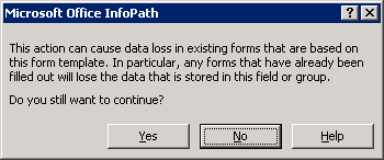 Error message that warns form designers about potential data loss