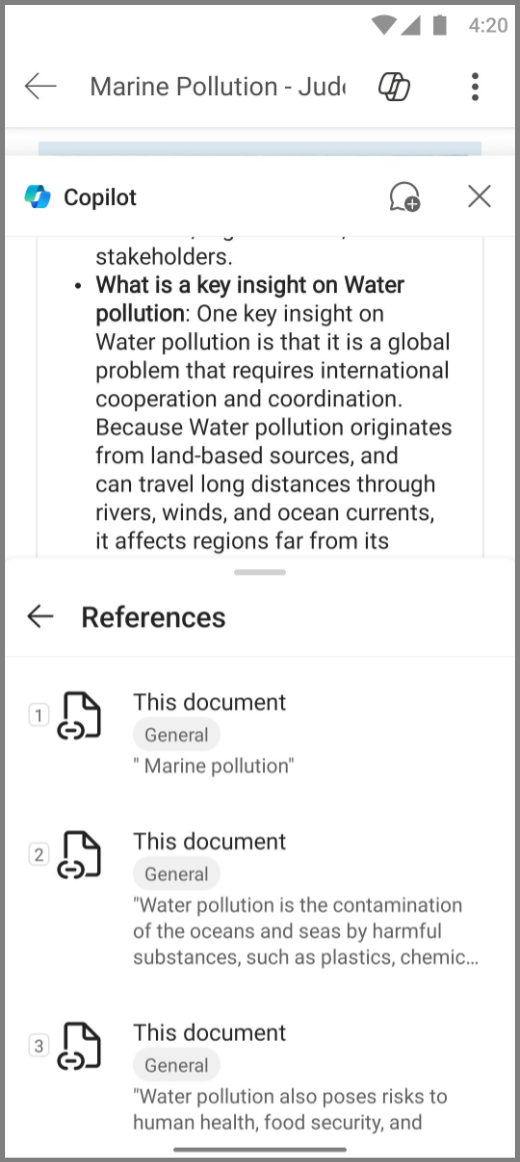 Screenshot of Copilot in Word on Android device with References for Copilot's response