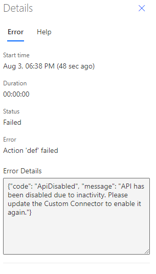 Image showing the detailed error pane for a failed flow run where custom connector was disabled
