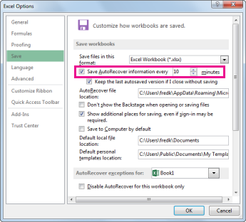 AutoRecover option on the Save tab in the Excel Options dialog box