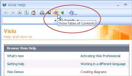 Clicking the book icon in the Visio Help window opens the Visio table of contents.