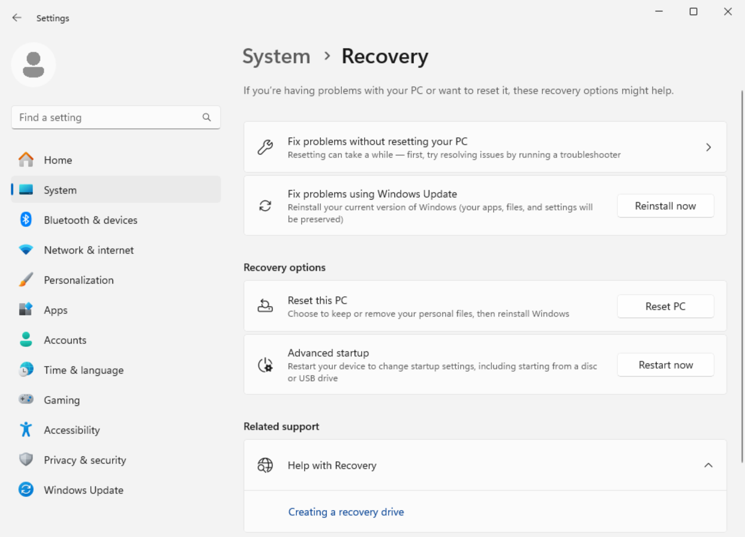 Screenshot of Windows Settings showing the Fix problems with Windows Update option in the System > Recovery page.
