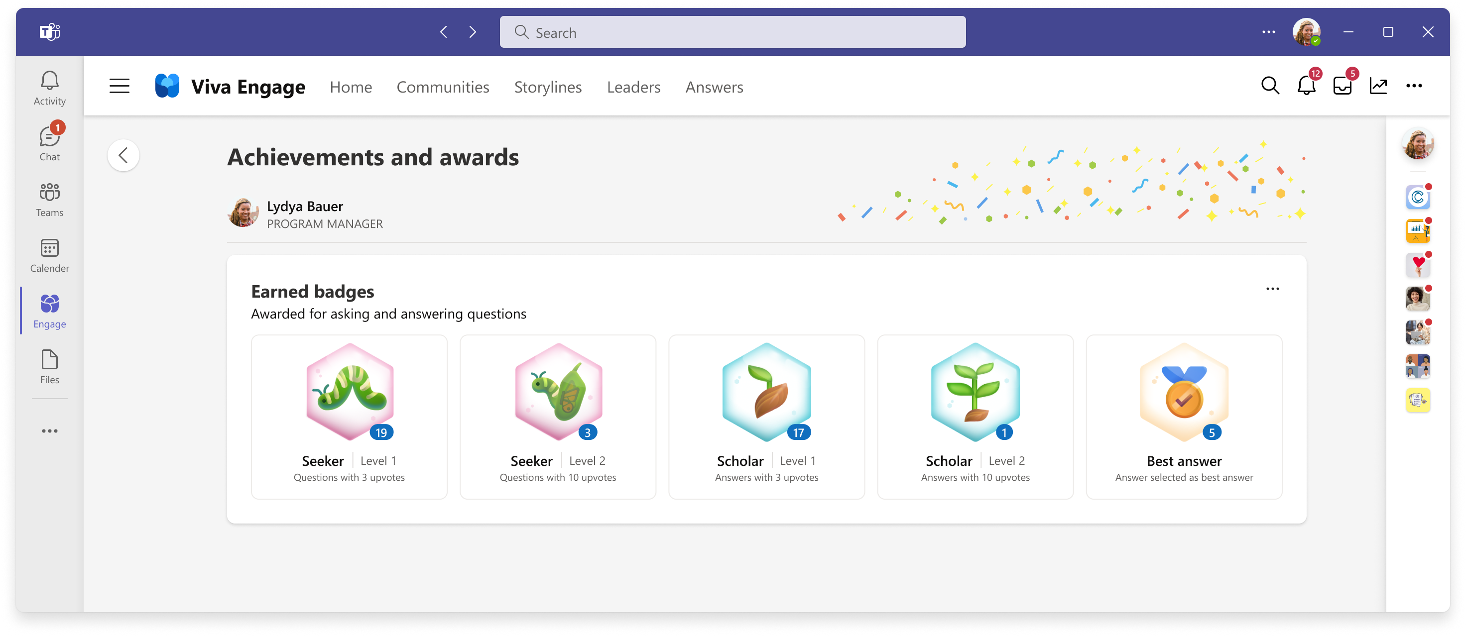 Image of the interface for Achievements and awards