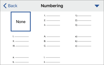 Numbering command expanded, showing formatting options