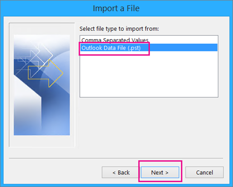Choose to import an Outlook Data File (.pst)
