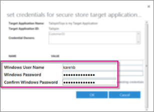 Screenshot that shows the Credential Fields dialog that you use when you create a Secure Store Target Application. It shows the default values, Windows User Name and Windows Password.