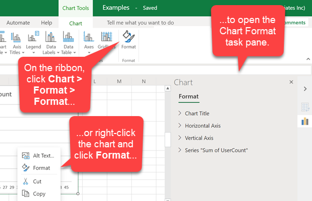 Excel for the web file with a chart, showing the Chart tab with a text bubble pointing to the Format button, a text bubble pointing to the chart's context menu Format command, and a text bubble pointing to the Chart Format task pane.