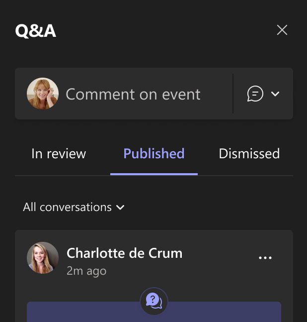 Yammer UI showing Published tab