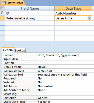 DatesTimes table in Design view