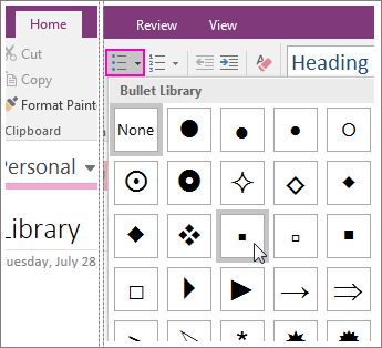 Screenshot of how to add bullets to a page in OneNote 2016.
