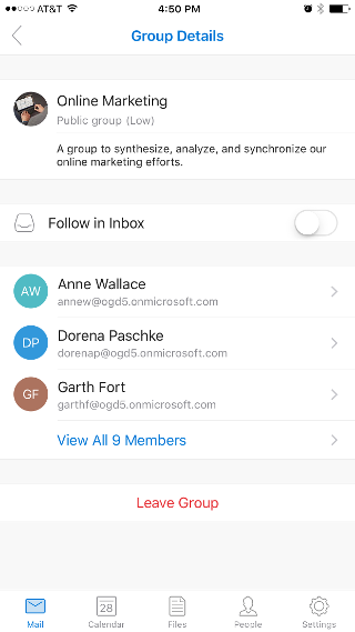 Shows the Group Details page, with the "Follow in Inbox" toggle near the top.