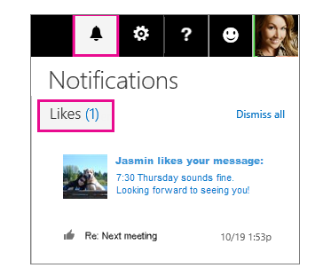 Notifications pane showing who liked a message