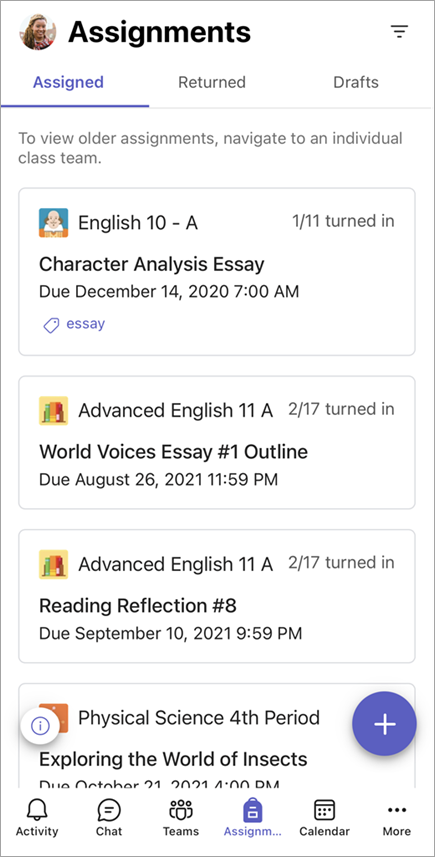 Screenshot of how assignments appear to teachers in mobile Teams.