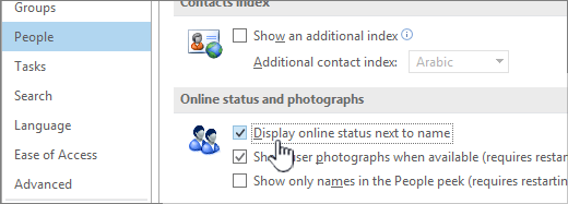 People tab in the Options dialog with Display online status highlighted