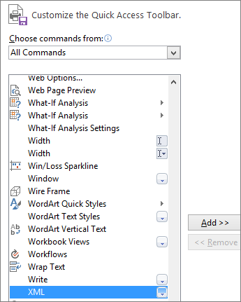 In the list of commands, choose XML, and then click Add.